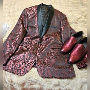 NEW MEN BURGUNDY PAISLEY SLIM FIT FORMAL BLAZER SIZE 2XL~ SHOES SOLD